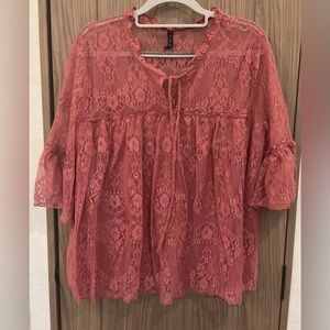 Luna Rae Womens BURGANDY Lace Short Sleeve V Neck Blouse Size XL